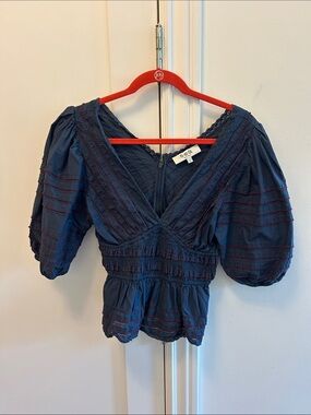 See By Chloe Dark Navy V-Neck Puff Sleeve Smocked Waist Blouse